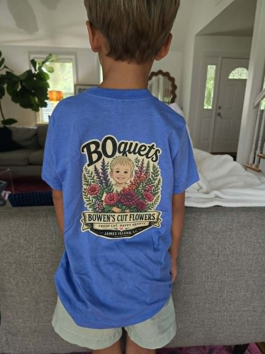 Columbia-blue youth tee printed with the BOquets design