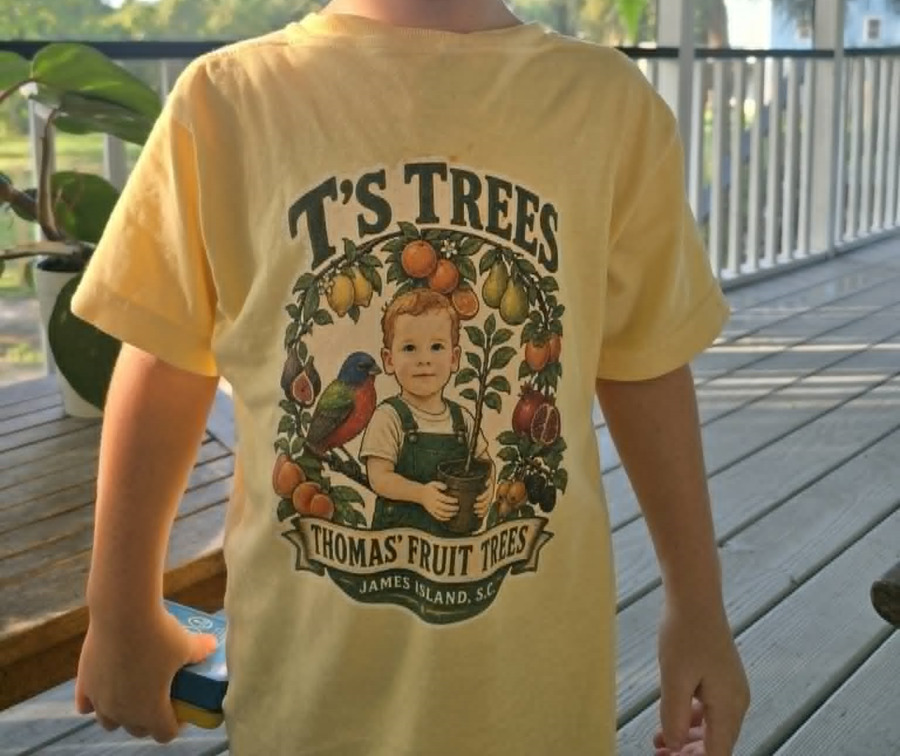 Butter-yellow youth tee printed with the T's Trees design